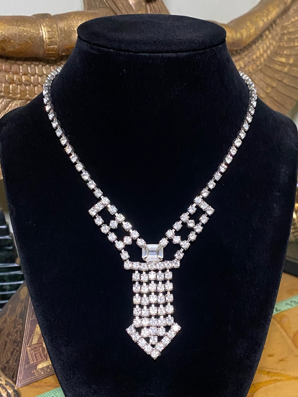 Vintage Crystal Statement Necklace - Silver Tone Rhinestone Bib